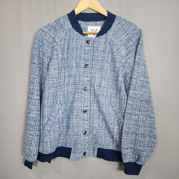 Isaac Mizrahi Live! Women's Boucle Tweed Bomber Jacket Royal Navy Sz L - NEW - Picture 2 of 7